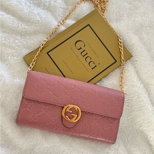Gucci Pink Leather Wallet with Gold Chain